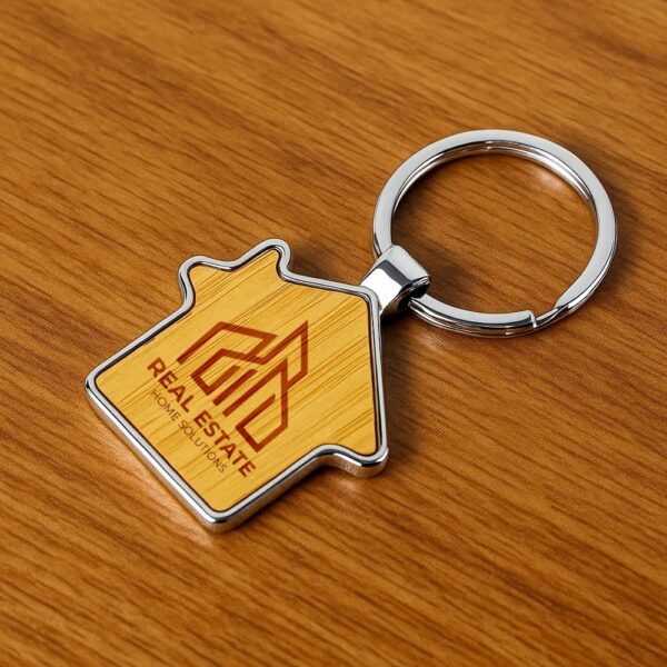 Bamboo and Metal Keychain House Shaped 32mm - Image 2