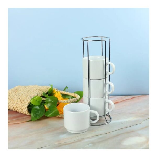Ceramic Coffee Cups Set 4Pcs in Silver Metal Rack - Image 4