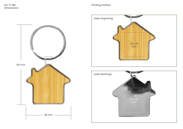 Bamboo and Metal Keychain House Shaped 32mm - Image 3